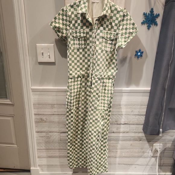 Roolee Pants - EUC Roolee Green and Cream Checkered Cotton Jumpsuit w/pockets No Sz Tag XS